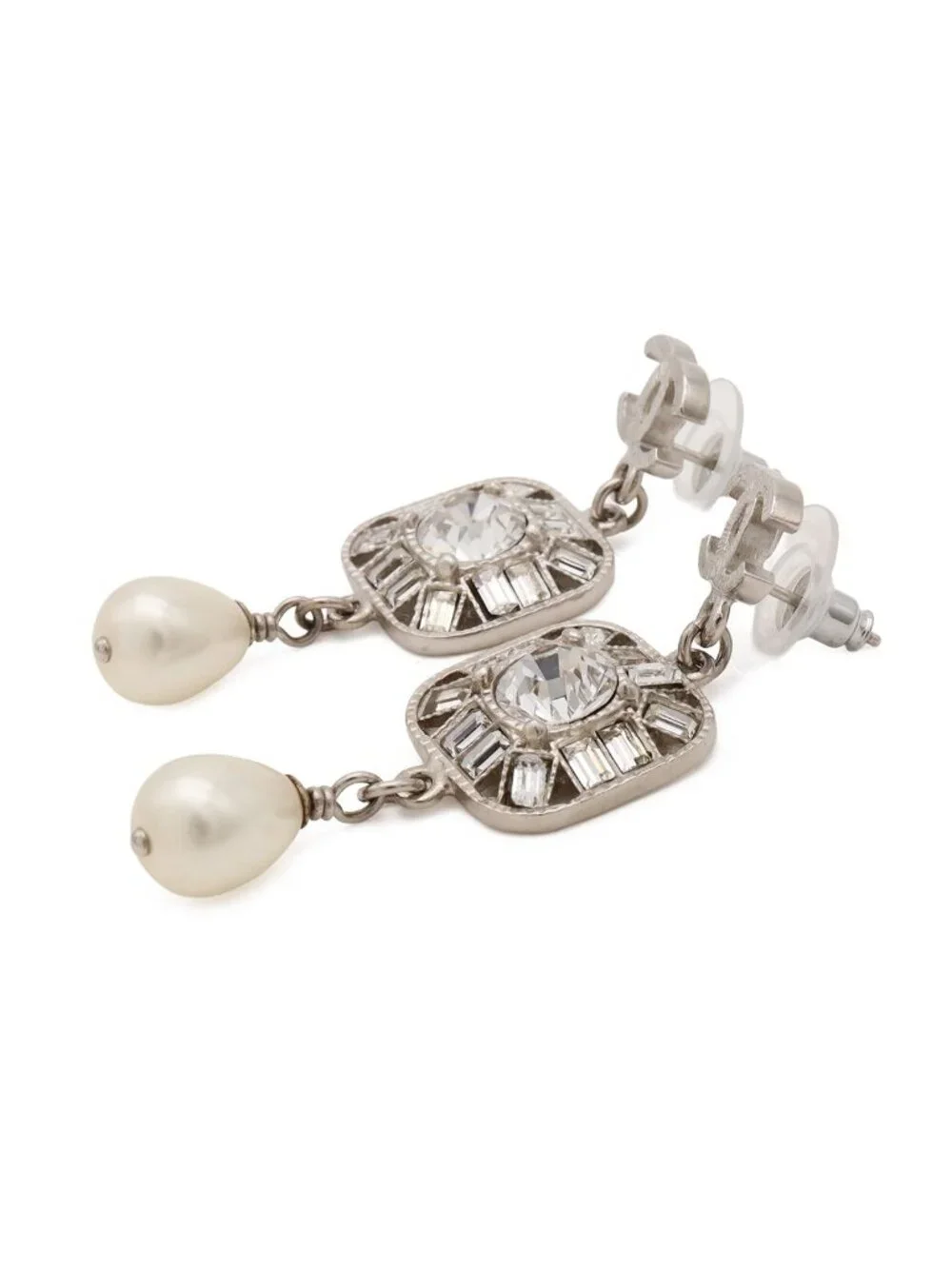Chanel CC Logo Bijou Pearl Earrings Swing Metal Faux Silver White